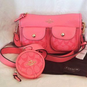 Coach Leather Signature Canvas Pennie Crossbody w/Coin Case in Pink Lemonade NWT
